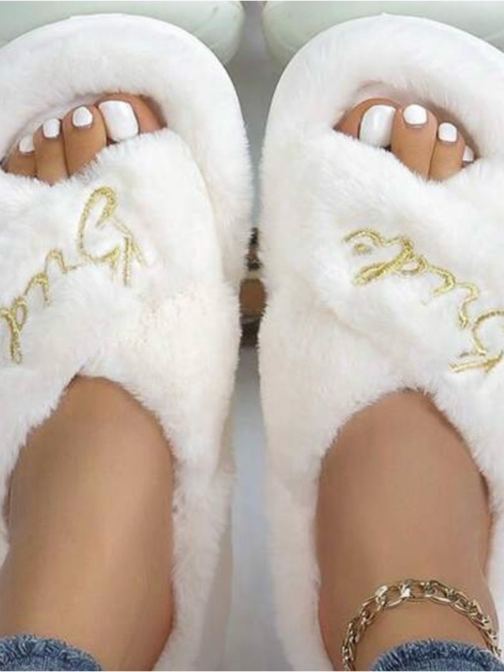 Plush White Fuzzy Slide Slippers with Gold Script